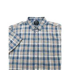PrAna Short Sleeve Plaid Button Up Shirt Men's XL Blue Yellow Pocket Outdoors
